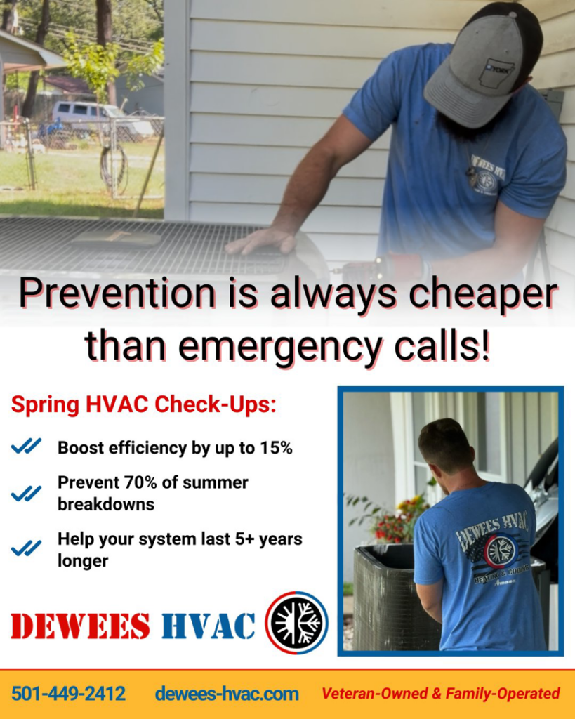 An HVAC technician cleaning an outdoor air conditioning unit during a spring check-up by Dewees HVAC in Conway, AR.
