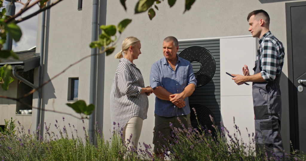 An HVAC technician consulting with customers in front of a heat pump unit for Lipovic Heating & Cooling in Mesa, AZ.