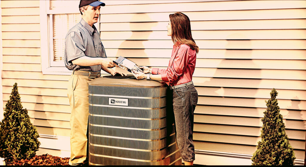 An HVAC technician consulting with a homeowner next to an outdoor AC unit from AC Plus Heating & Air Conditioning Service in Las Vegas, NV.