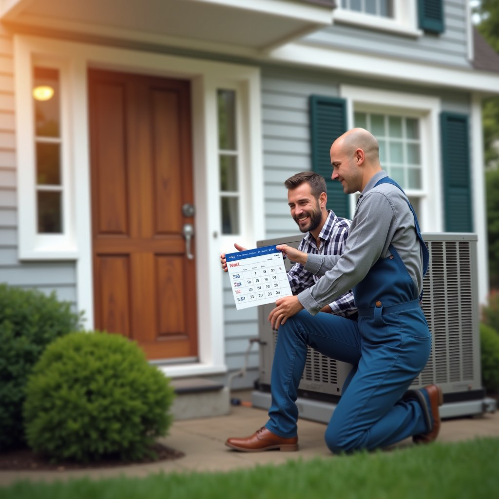 An HVAC technician and a customer discussing a service schedule next to an outdoor AC unit for Welcome Home Residential Solutions, LLC in Kansas City, KS.