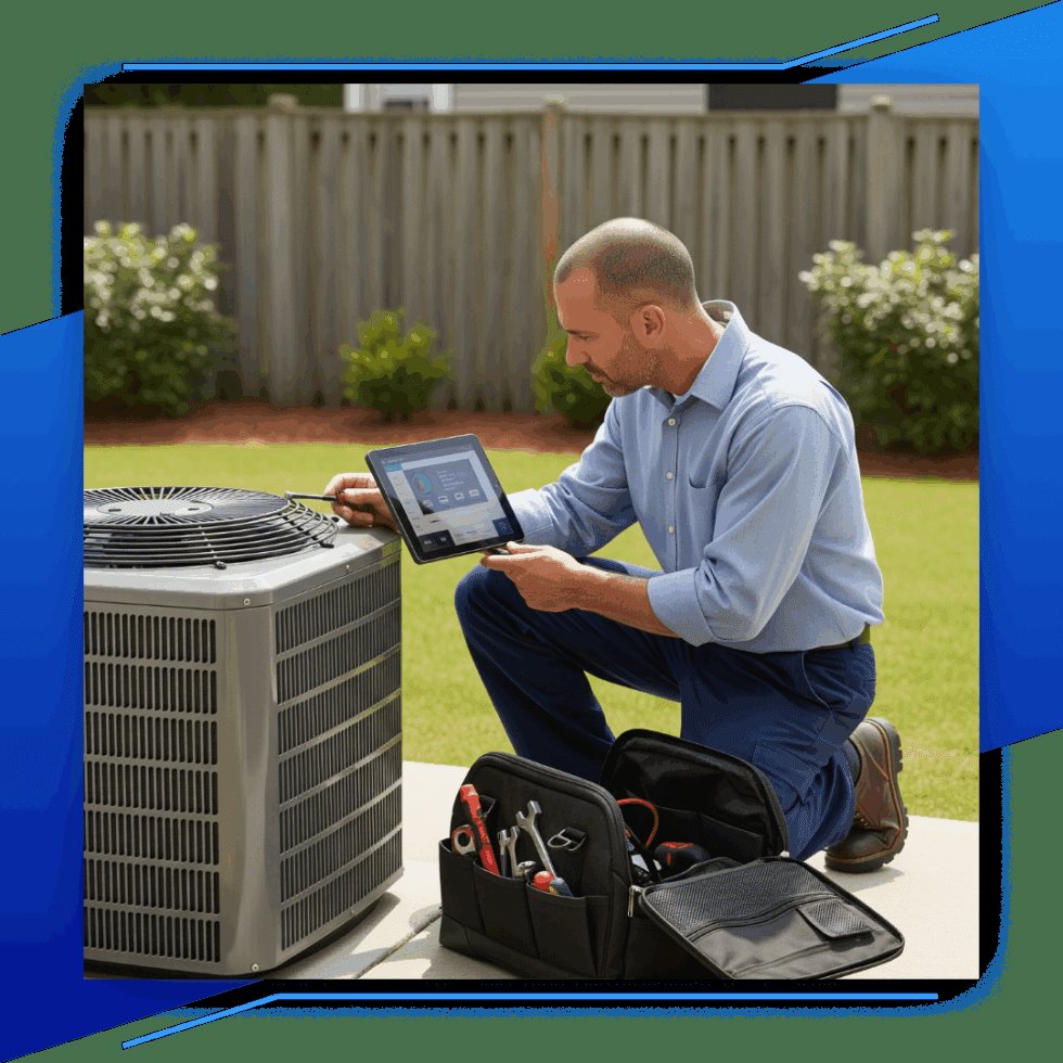 An HVAC technician diagnosing an outdoor AC unit with a tablet, representing Lighthouse HVAC, LLC in Edgewater, MD.