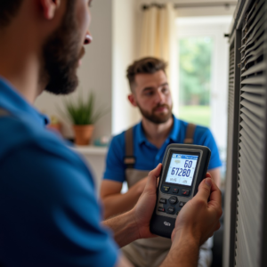 An HVAC technician diagnosing an air vent with a digital tool for Welcome Home Residential Solutions, LLC in Kansas City, KS.
