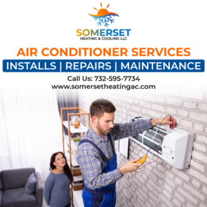 An HVAC technician diagnosing an indoor air conditioning unit with a multimeter for Somerset Heating & Cooling LLC in Somerset, NJ.