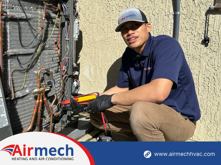 An Airmech Heating and Air Conditioning technician diagnosing an outdoor AC unit with a multimeter in Elk Grove, CA.