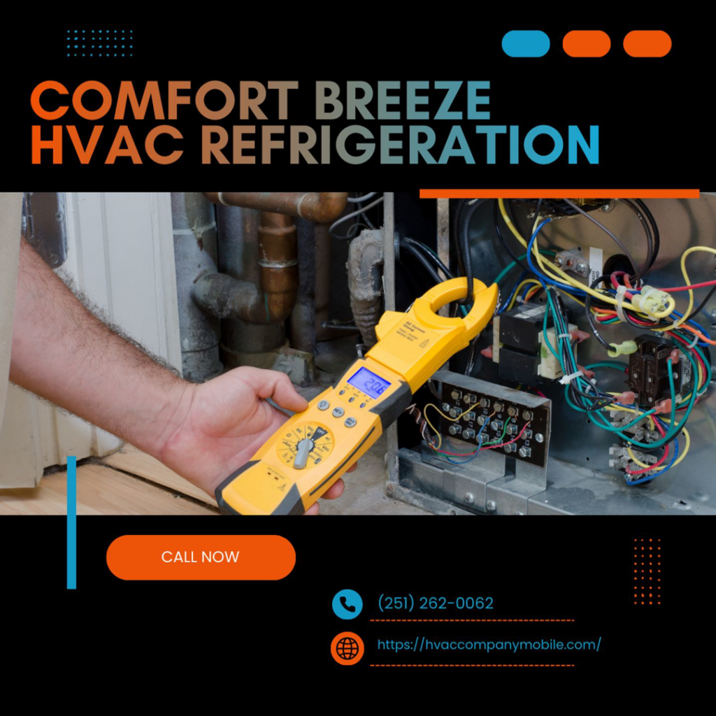 An HVAC technician diagnosing an electrical system with a multimeter for Comfort Breeze HVAC Refrigeration in Mobile, AL.