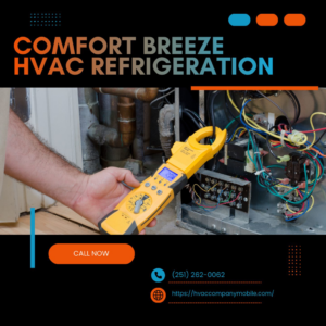An HVAC technician diagnosing an electrical system with a multimeter for Comfort Breeze HVAC Refrigeration in Mobile, AL.