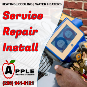 An HVAC technician using a digital manifold gauge to diagnose an air conditioning unit for Apple Heating & Cooling in Nampa, ID.