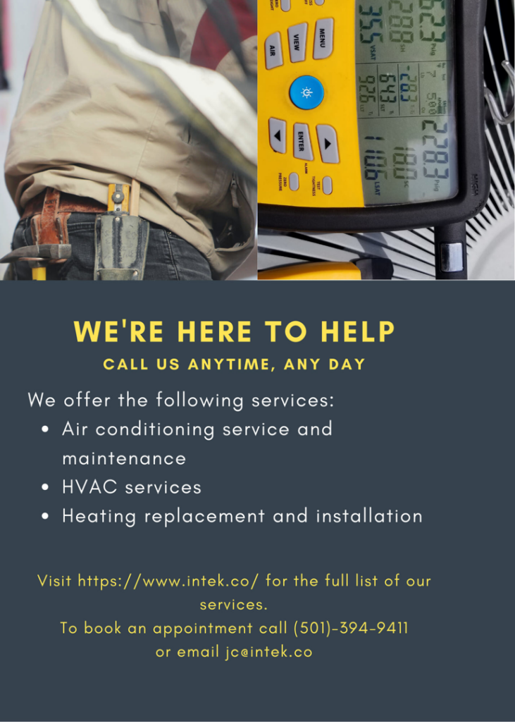 An Intek Heating + Air technician diagnosing an HVAC unit with a digital manifold gauge in Little Rock, AR.