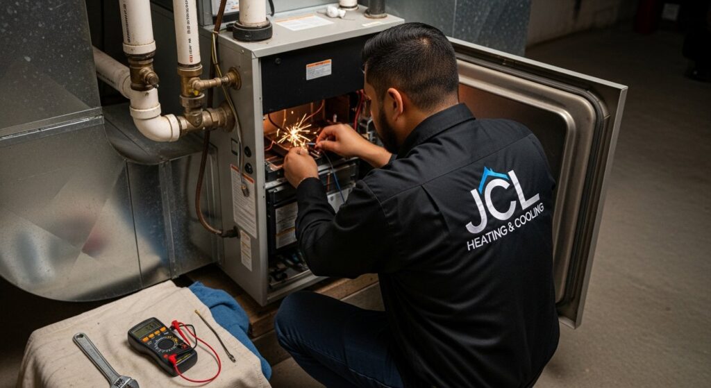 An HVAC technician from JCL Heating and Cooling LLC performing furnace installation in Gresham, OR.