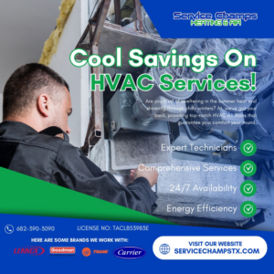 An HVAC technician servicing an indoor furnace or air handler unit for Service Champs Heating and Air in Fort Worth, TX.