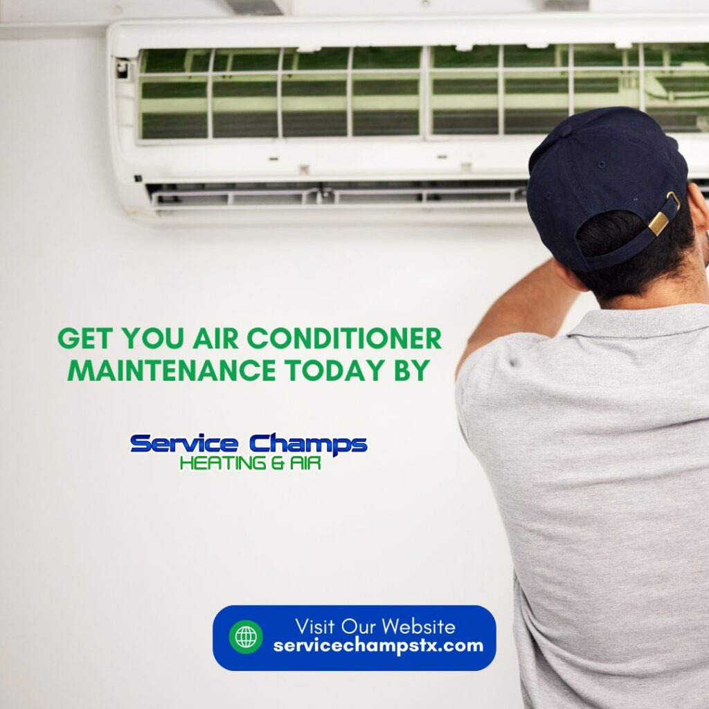 An HVAC technician inspecting an indoor ductless mini-split unit for Service Champs Heating and Air in Fort Worth, TX.