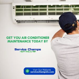 An HVAC technician inspecting an indoor ductless mini-split unit for Service Champs Heating and Air in Fort Worth, TX.