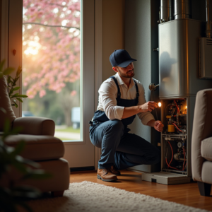An HVAC technician inspecting the internal components of a furnace with a flashlight for Welcome Home Residential Solutions, LLC in Kansas City, KS.