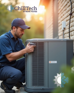 An HVAC technician inspecting an outdoor air conditioning unit for ChillTech of North Florida in Jacksonville, FL.