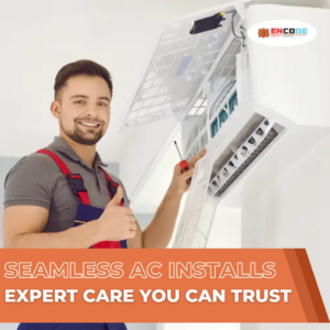 A friendly HVAC technician installing an AC unit, showcasing expert service from Encode Corporation in Billings, MT.