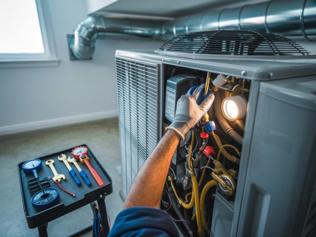 An HVAC technician installing or repairing an outdoor AC unit with tools for Williams Heat and Cool in Warren, MI.