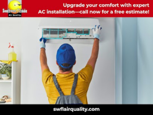 An HVAC technician installing an indoor AC unit for Southwest Florida Air Quality in Cape Coral, FL