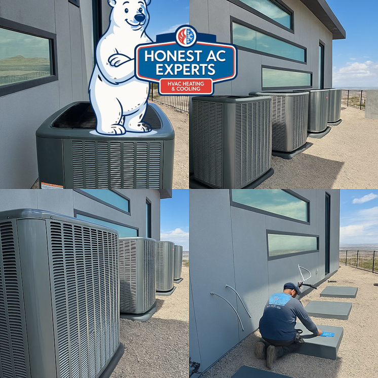 An HVAC technician installing multiple outdoor AC units for a building by Honest AC Experts in Las Vegas, NV