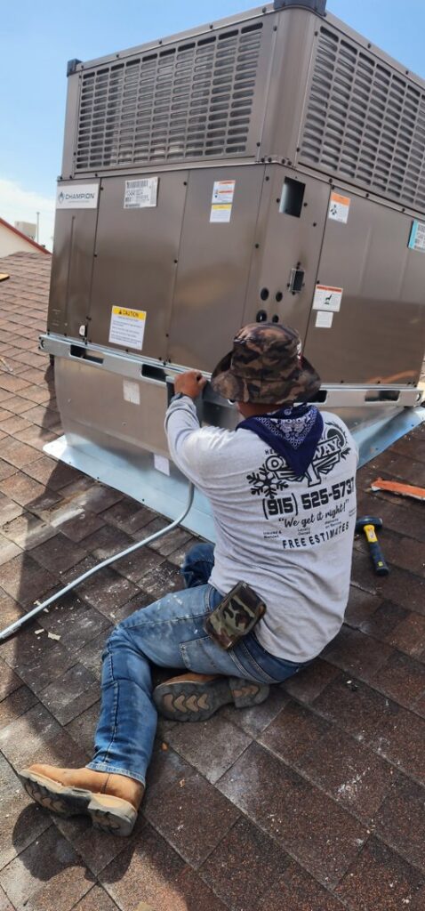 An HVAC technician installing a new rooftop unit for One Way Heating And Cooling, LLC in Horizon City, TX.