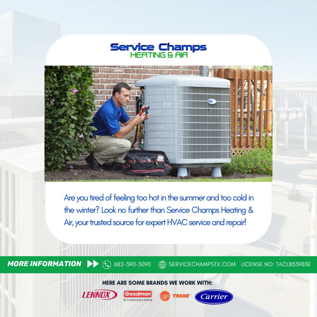 An HVAC technician repairing an outdoor air conditioning unit for Service Champs Heating and Air in Fort Worth, TX.