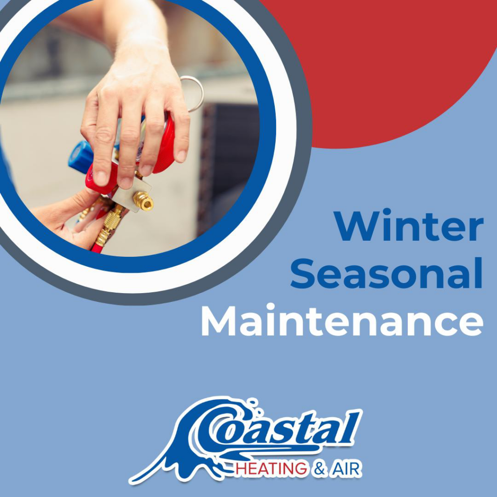 An HVAC technician performing winter seasonal maintenance on an outdoor unit for Coastal Heating and Air in Wilmington, NC.