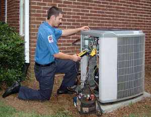 An HVAC technician repairing an outdoor AC unit at a residential property for AC Repair DC in Washington, DC