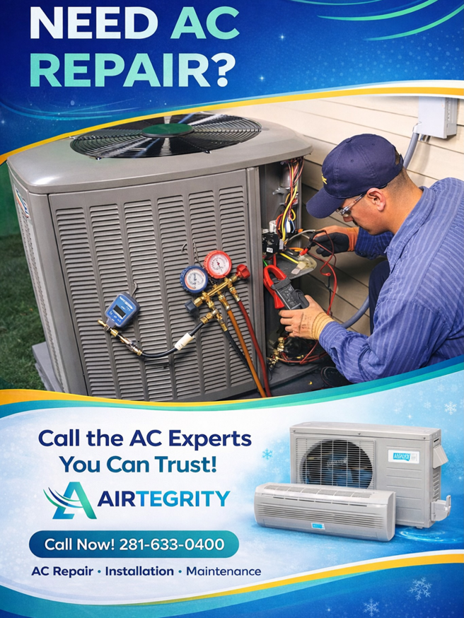 An HVAC technician repairing an outdoor AC unit at a home for Airtegrity Comfort Solutions in San Antonio, TX