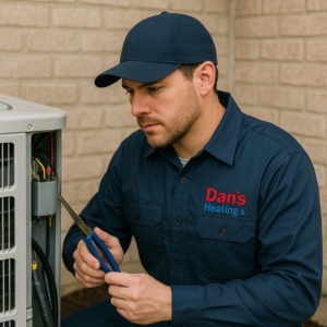 An HVAC technician from Dan's Heating & Cooling repairing an outdoor air conditioning unit in Las Vegas, NV