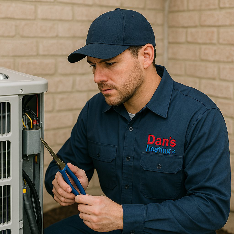 An HVAC technician from Dan's Heating & Cooling repairing an outdoor air conditioning unit in Las Vegas, NV