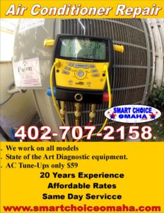 An HVAC technician uses diagnostic equipment to repair an outdoor AC unit for Smart Choice Omaha Heating & Cooling in Papillion, NE.
