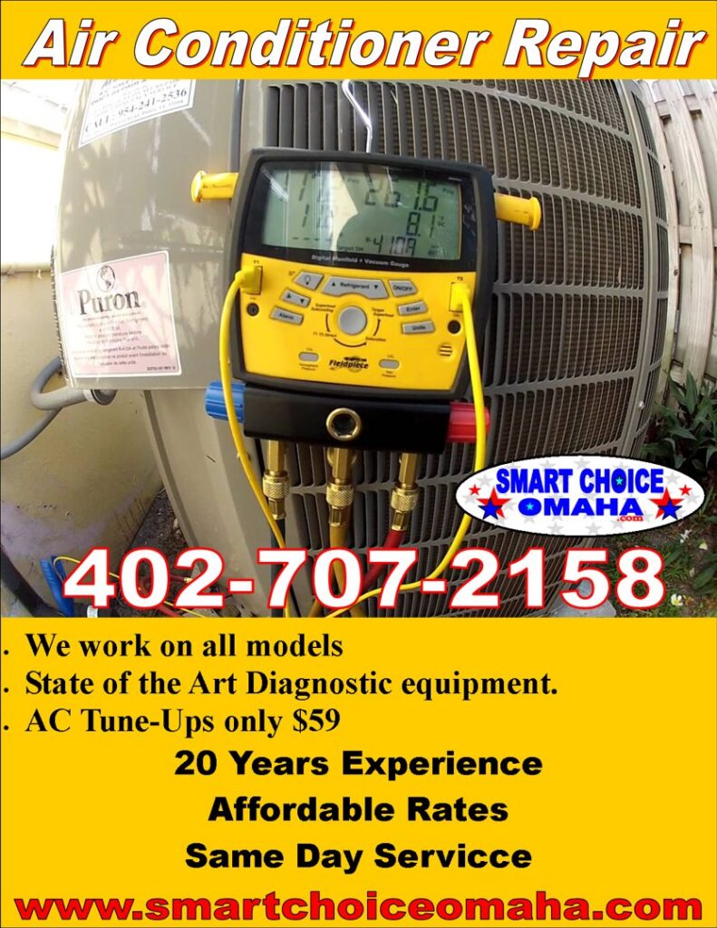 An HVAC technician uses diagnostic equipment to repair an outdoor AC unit for Smart Choice Omaha Heating & Cooling in Papillion, NE.