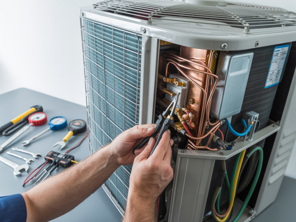 An HVAC technician repairing the internal components of an outdoor AC unit for Williams Heat and Cool in Warren, MI.