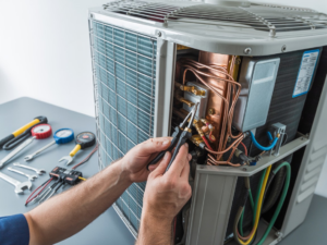 An HVAC technician repairing the internal components of an outdoor AC unit for Williams Heat and Cool in Warren, MI.