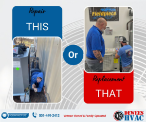 An HVAC technician repairing an outdoor air conditioning unit for a client of Dewees HVAC in Conway, AR.