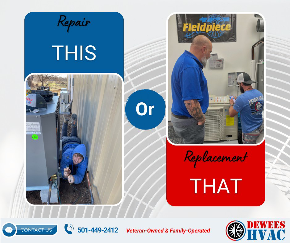 An HVAC technician repairing an outdoor air conditioning unit for a client of Dewees HVAC in Conway, AR.