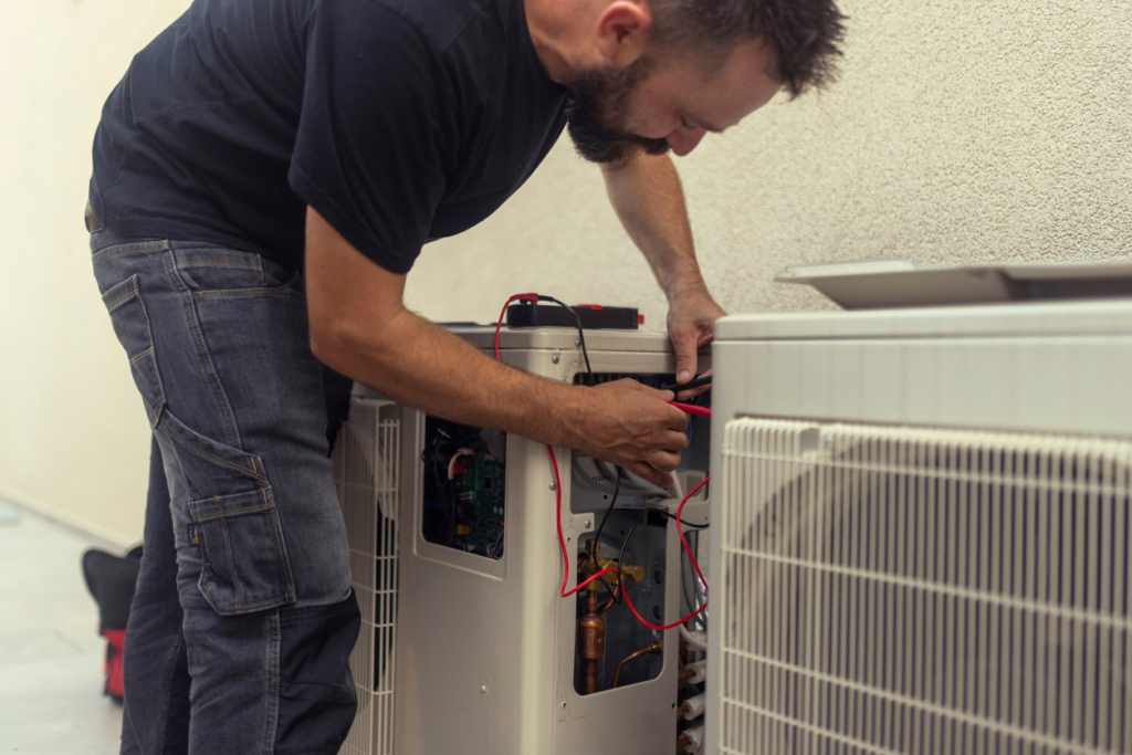 An HVAC technician repairing an outdoor heating and cooling unit for Lipovic Heating & Cooling in Mesa, AZ.