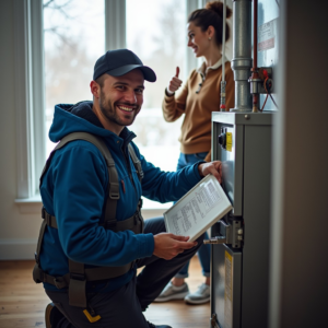 An HVAC technician replacing an air filter in a furnace for Welcome Home Residential Solutions, LLC in Kansas City, KS.