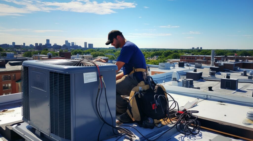 An HVAC technician performing maintenance or repair on a rooftop AC unit with a city skyline view for HVAC Fellows in Boston, MA.