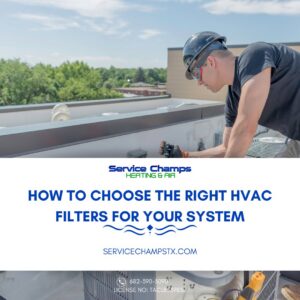 An HVAC technician inspecting a commercial rooftop HVAC system for Service Champs Heating and Air in Fort Worth, TX.