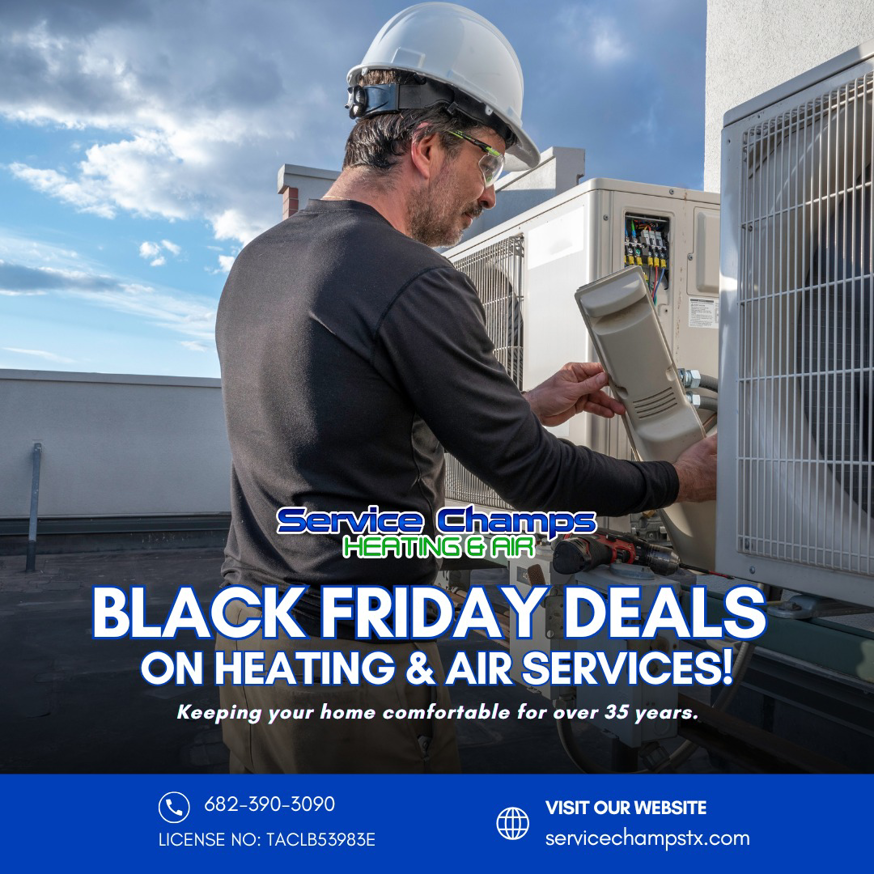 An HVAC technician performing a repair on a commercial rooftop unit for Service Champs Heating and Air in Fort Worth, TX.