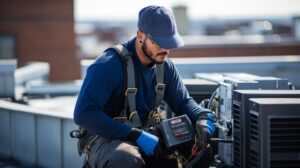 An HVAC technician performing service on a commercial rooftop unit for HVAC Fellows in Boston, MA.