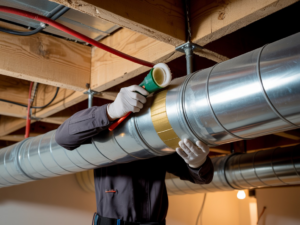 An HVAC technician sealing metal ductwork in a residential basement for Williams Heat and Cool in Warren, MI.