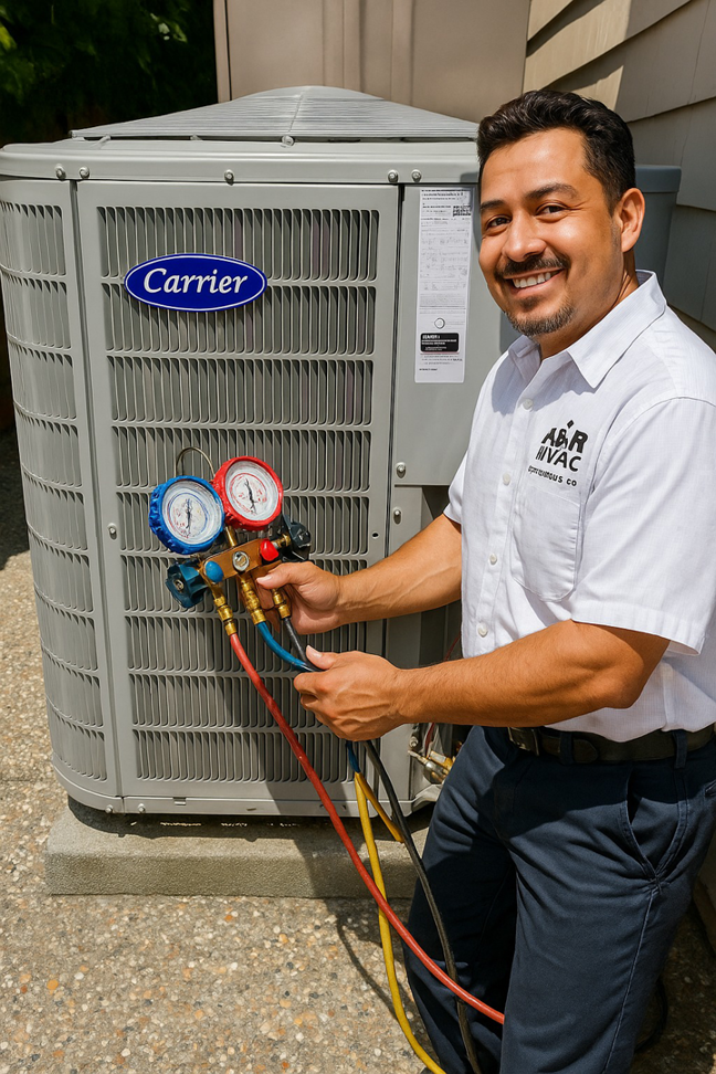 An HVAC technician smiling while servicing a Carrier outdoor air conditioning unit with gauges for A and R Air Conditioning & Heating furnace in San Jose, CA.