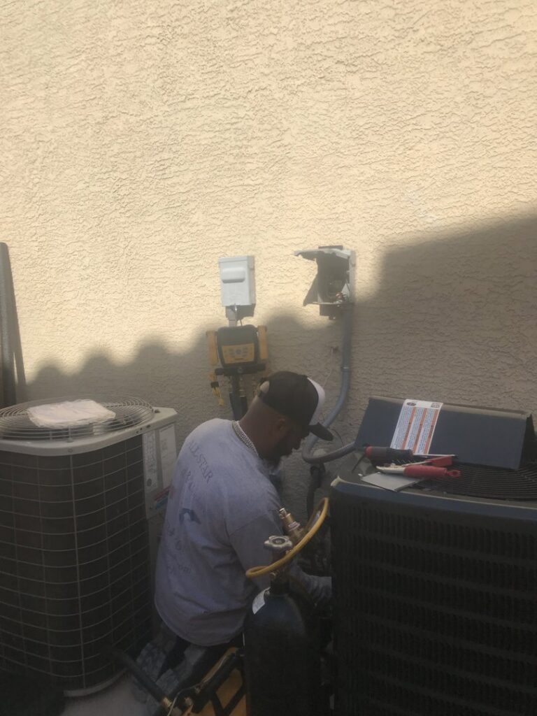 An HVAC technician from Allstar Heating & Cooling servicing an outdoor AC unit in Port Richey, FL