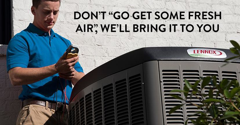An HVAC technician servicing an outdoor air conditioning unit for M&R Heating and Air Conditioning in East Meadow, NY