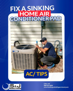 An HVAC technician servicing an outdoor air conditioning unit for S&J Heating and Cooling NJ in Elizabeth, NJ.