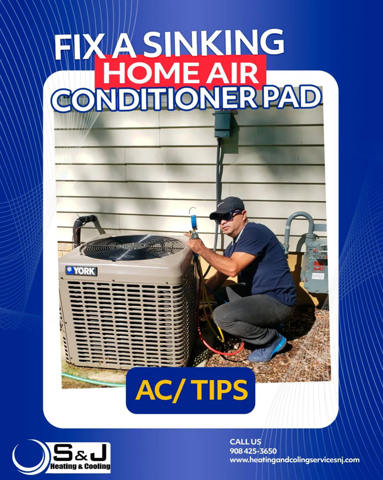 An HVAC technician servicing an outdoor air conditioning unit for S&J Heating and Cooling NJ in Elizabeth, NJ.