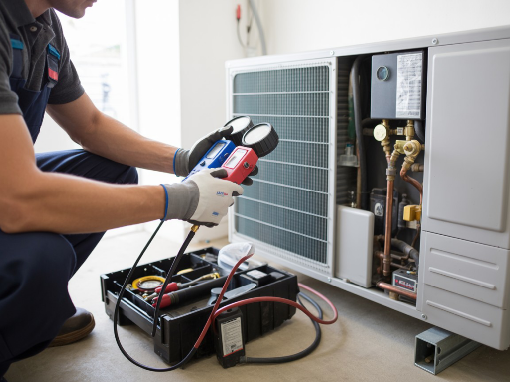 An HVAC technician servicing an outdoor AC unit with gauges for Williams Heat and Cool in Warren, MI.