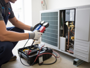 An HVAC technician servicing an outdoor AC unit with gauges for Williams Heat and Cool in Warren, MI.
