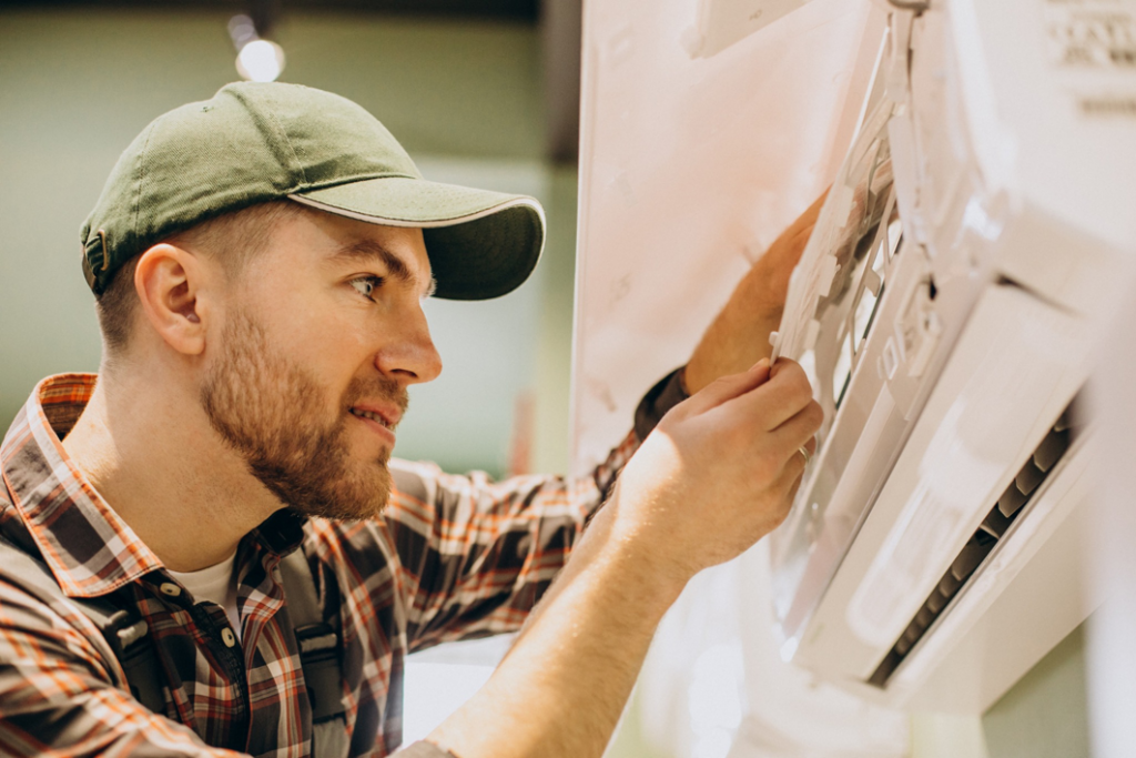 An HVAC technician servicing an indoor air conditioning unit for HVAC Service Austin, TX.